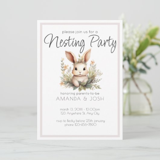 Invitation Boho animaux mignon lapin botanique Nesting Party (Debout devant)