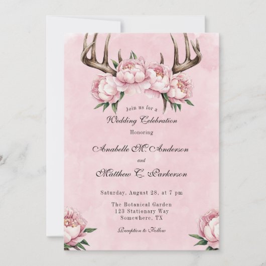 Invitation Boho Antler avec des pivoines roses Célébration du (Devant)