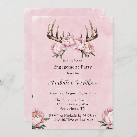 Invitation Boho Antler avec Pink Peonies Partie d'engagement (Devant / Derrière)