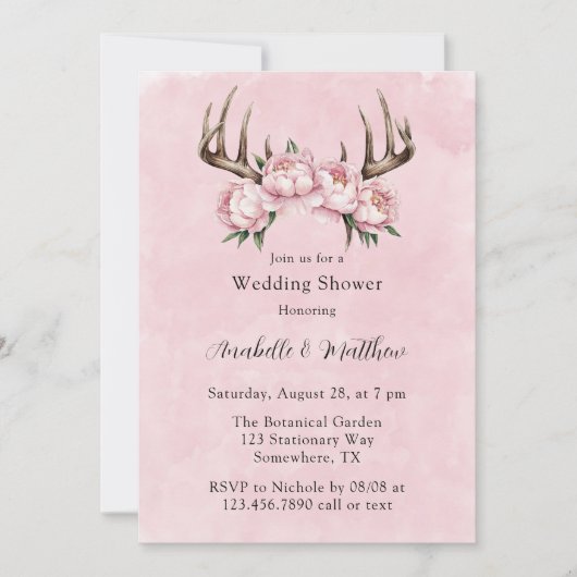 Invitation Boho Antler avec Wedding shower Pink Peonies (Devant)