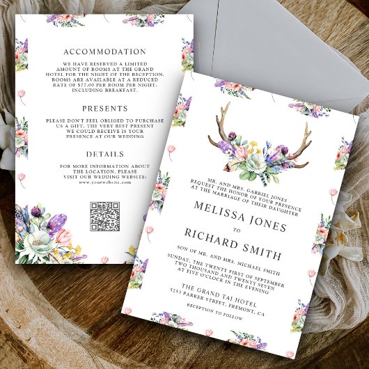 Invitation Boho Antlers Fleur sauvage All in One QR Code Mari