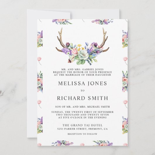 Invitation Boho Antlers Fleur sauvage All in One QR Code Mari (Devant)