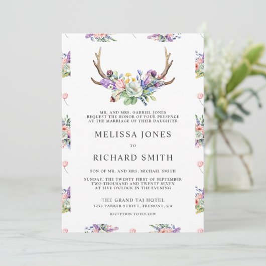 Invitation Boho Antlers Fleur sauvage All in One QR Code Mari (Debout devant)