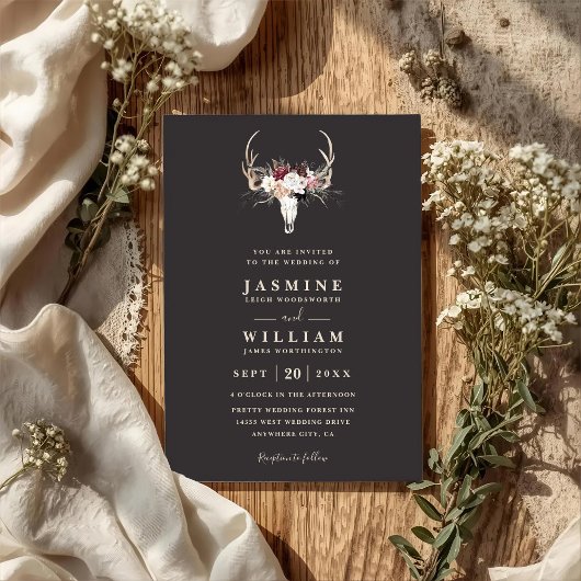 Invitation Boho Antlers Floral Rustic Elegant QR Code Wedding
