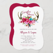 Invitation Boho Antlers Fuchsia Rose Floral Couples Douche (Devant / Derrière)