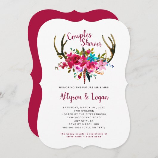 Invitation Boho Antlers Fuchsia Rose Floral Couples Douche (Devant / Derrière)