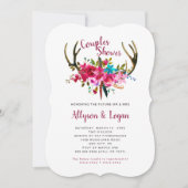 Invitation Boho Antlers Fuchsia Rose Floral Couples Douche (Devant)