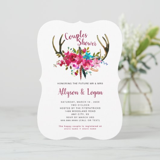 Invitation Boho Antlers Fuchsia Rose Floral Couples Douche (Debout devant)