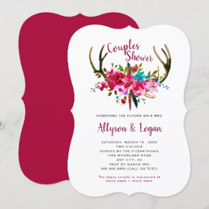 Invitation Boho Antlers Fuchsia Rose Floral Couples Douche