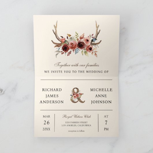 Invitation Boho Antlers Terracotta Floral QR Code Wedding (Intérieur)