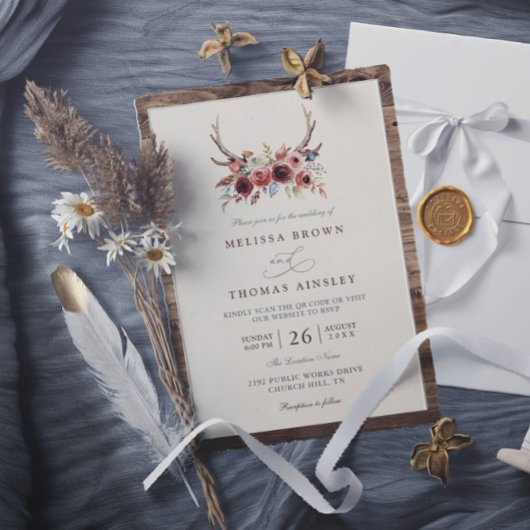 Invitation Boho Antlers Terracotta Floral QR Code Wedding