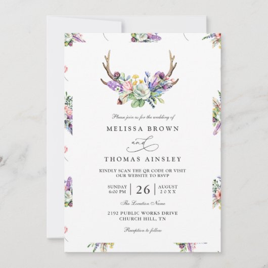 Invitation Boho Antlers Wildflowers Rustic QR Code Wedding (Devant)