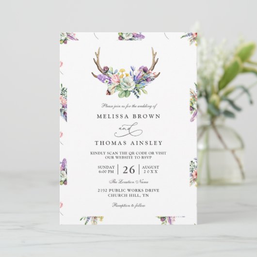 Invitation Boho Antlers Wildflowers Rustic QR Code Wedding (Debout devant)
