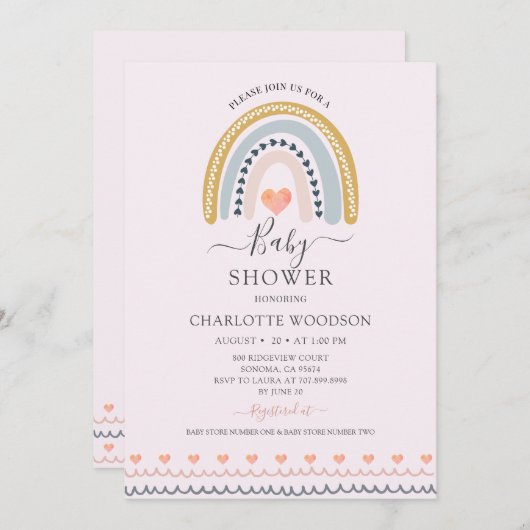 Invitation Boho Aquarelle arc-en-ciel Baby shower rose Invita (Devant / Derrière)