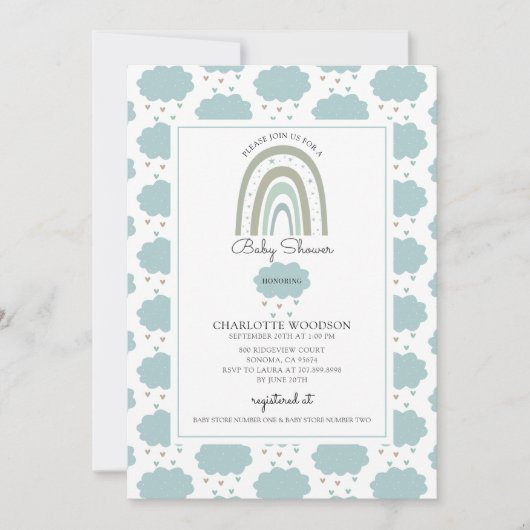 Invitation Boho Aquarelle arc-en-ciel Cloud Bleu Bébé Garçon (Devant)