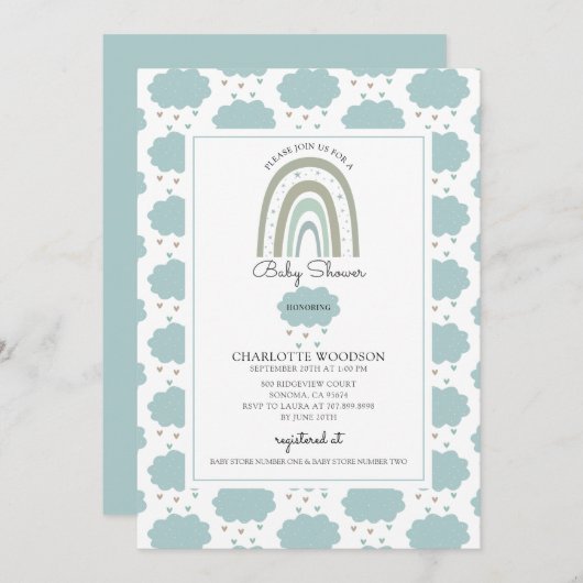 Invitation Boho Aquarelle arc-en-ciel Cloud Bleu Bébé Garçon  (Devant / Derrière)