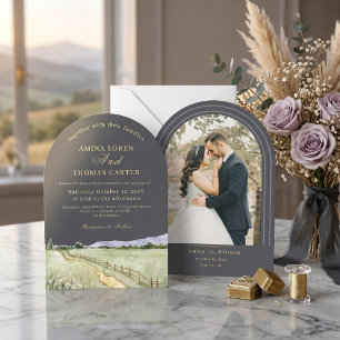 Invitation Boho Aquarelle Arche de Montagne Photo Mariage Min