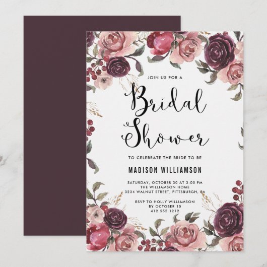 Invitation Boho Aquarelle Automne Bourgogne Floral Fête des m (Devant / Derrière)