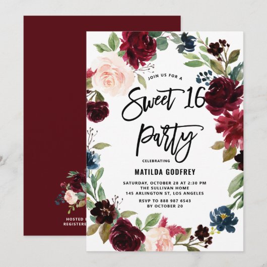 Invitation Boho Aquarelle Automne Floral Wreath Sweet 16 (Devant / Derrière)
