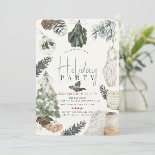 Invitation Boho Aquarelle Bleu clair Noël Fête (Debout devant)