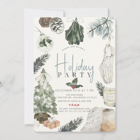 Invitation Boho Aquarelle Bleu clair Noël Fête (Devant)