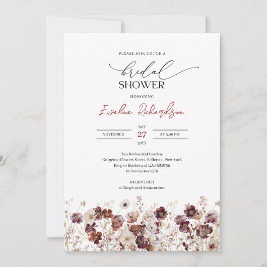 Invitation Boho aquarelle bordeaux fleur sauvage (Devant)