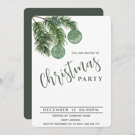 Invitation Boho aquarelle boules de Noël entreprise (Devant / Derrière)