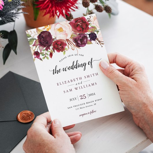 Invitation Boho Aquarelle Bourgogne Rouge Floral Russe Mariag