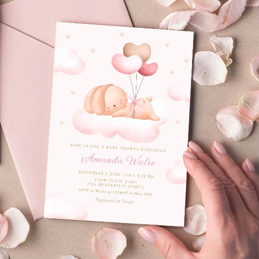 Invitation Boho Aquarelle Bunny Balloon Baby shower fille