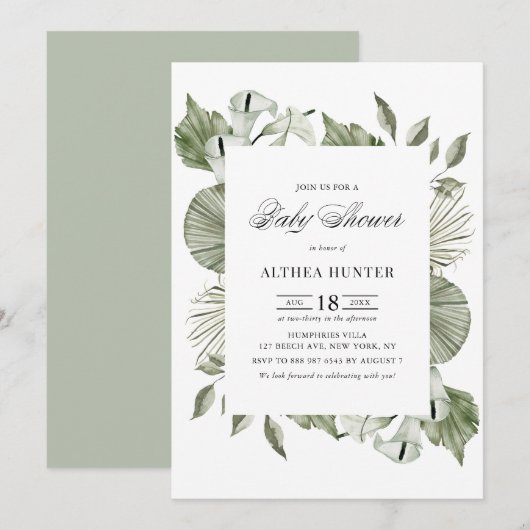 Invitation Boho Aquarelle Calla Lily Baby shower verdoyant (Devant / Derrière)