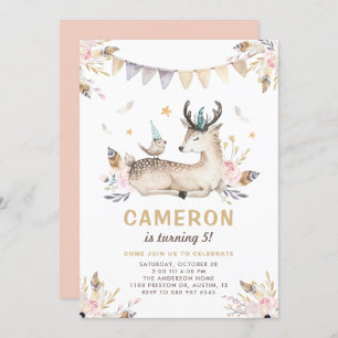 Invitation Boho Aquarelle Cerf et Anniversaire de enfant Flor