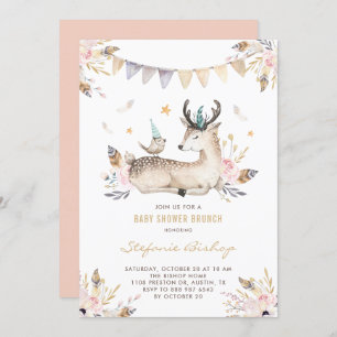 Invitation Boho Aquarelle Cerf et Baby shower d'oiseaux Brunc