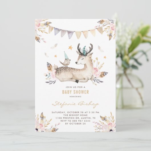 Invitation Boho Aquarelle Cerf et Baby shower Floral d'oiseau (Debout devant)