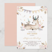Invitation Boho Aquarelle Cerf et Baby shower Floral d'oiseau (Devant / Derrière)