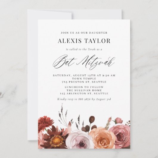 Invitation Boho Aquarelle Chute Fleurs Bat mitzvah (Devant)