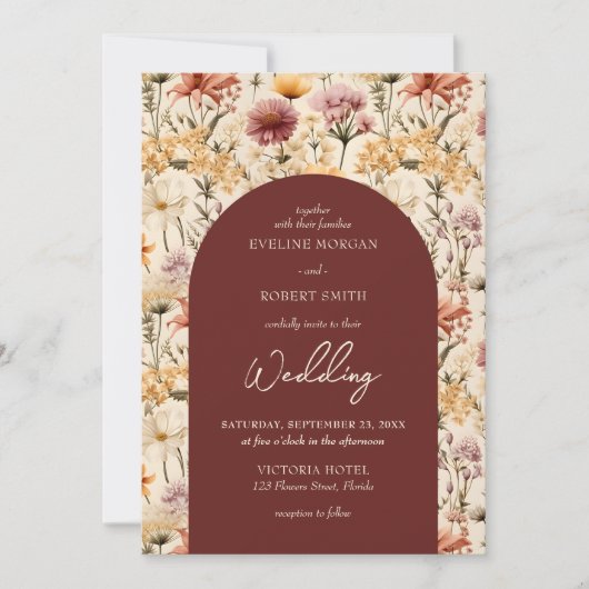 Invitation Boho aquarelle chute fleurs sauvages (Devant)