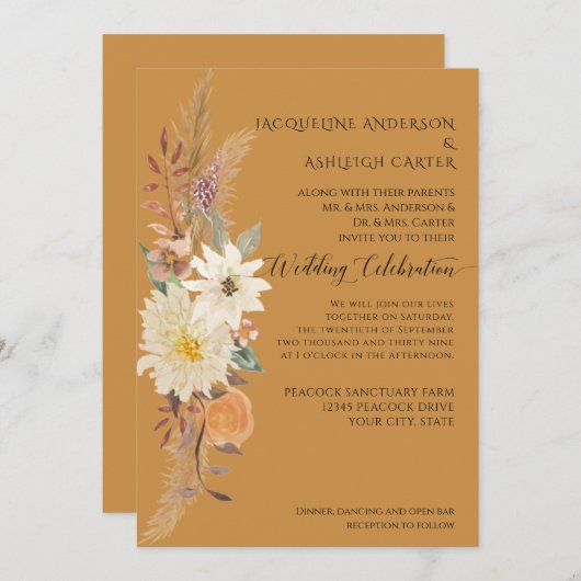 Invitation BOHO Aquarelle Chute Florale Pampas Herbe Mustard (Devant / Derrière)