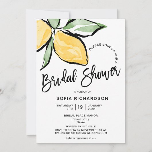 Invitation Boho Aquarelle Citron Citrus Verdure été (Devant)