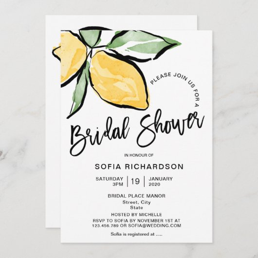 Invitation Boho Aquarelle Citron Citrus Verdure été (Devant / Derrière)