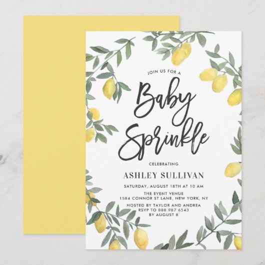 Invitation Boho Aquarelle Citron couronne Baby Sprinkle Douch (Devant / Derrière)