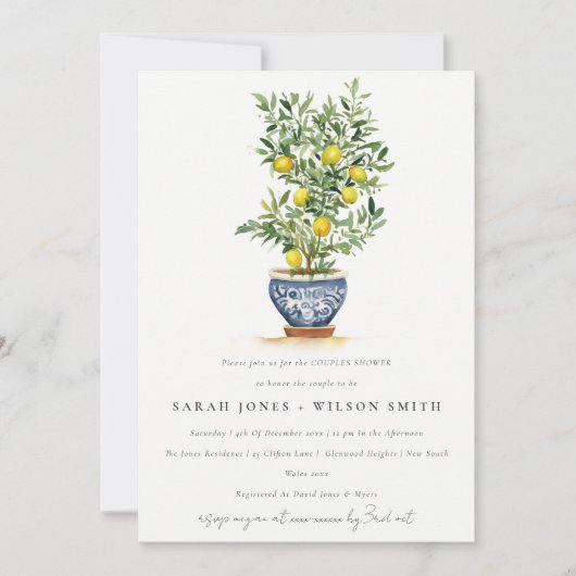 Invitation Boho Aquarelle Citron jaune Arbre Couples Douche (Devant)