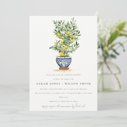 Invitation Boho Aquarelle Citron jaune Arbre Couples Douche (Debout devant)