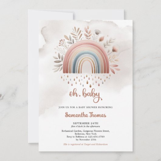 Invitation Boho aquarelle couleurs pastel arc-en-ciel floral (Devant)