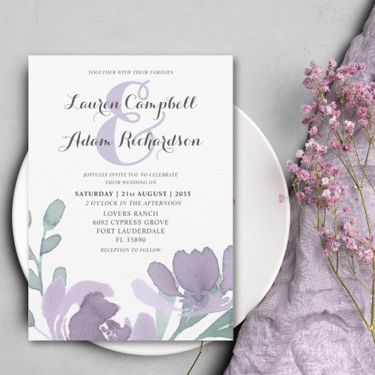 Invitation Boho Aquarelle Dusty Purple Florals Mariage