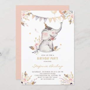 Invitation Boho Aquarelle Eléphant Floral Anniversaire de enf