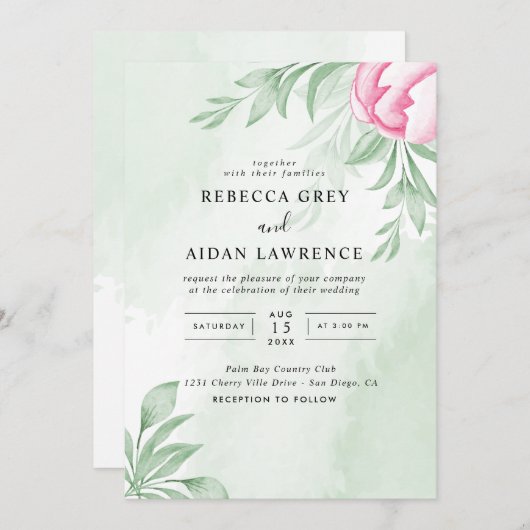 Invitation Boho Aquarelle Eucalyptus Feuille Mariage vert (Devant / Derrière)