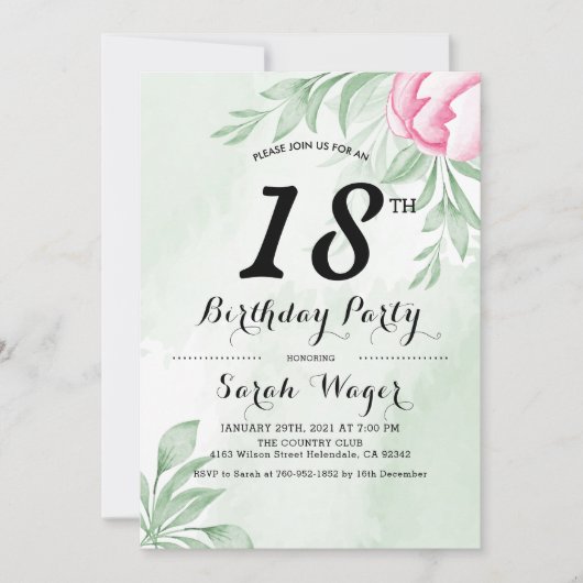 Invitation Boho Aquarelle Eucalyptus Feuilles 18e anniversair (Devant)