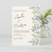 Invitation Boho Aquarelle Eucalyptus Vert et Mariage ivoire (Debout devant)