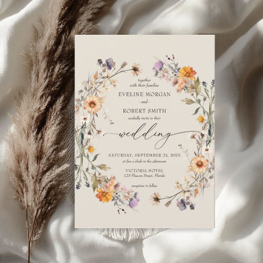 Invitation Boho aquarelle fleur sauvage couronne chute terre