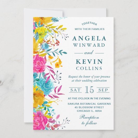 Invitation Boho Aquarelle Fleurs été Mariage (Devant)